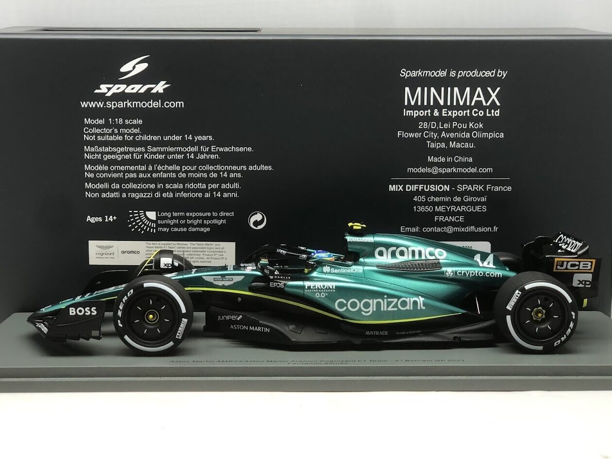 Fernando Alonso #14 Aston Martin AMR23 3rd Bahrain GP 2023 Spark 1/18