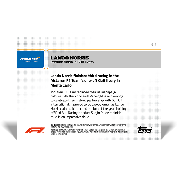Norris podio en Monaco Livery Gulf - F1 TOPPS NOW Tarjeta#11